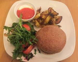 Burger with chips, salad and dressing.