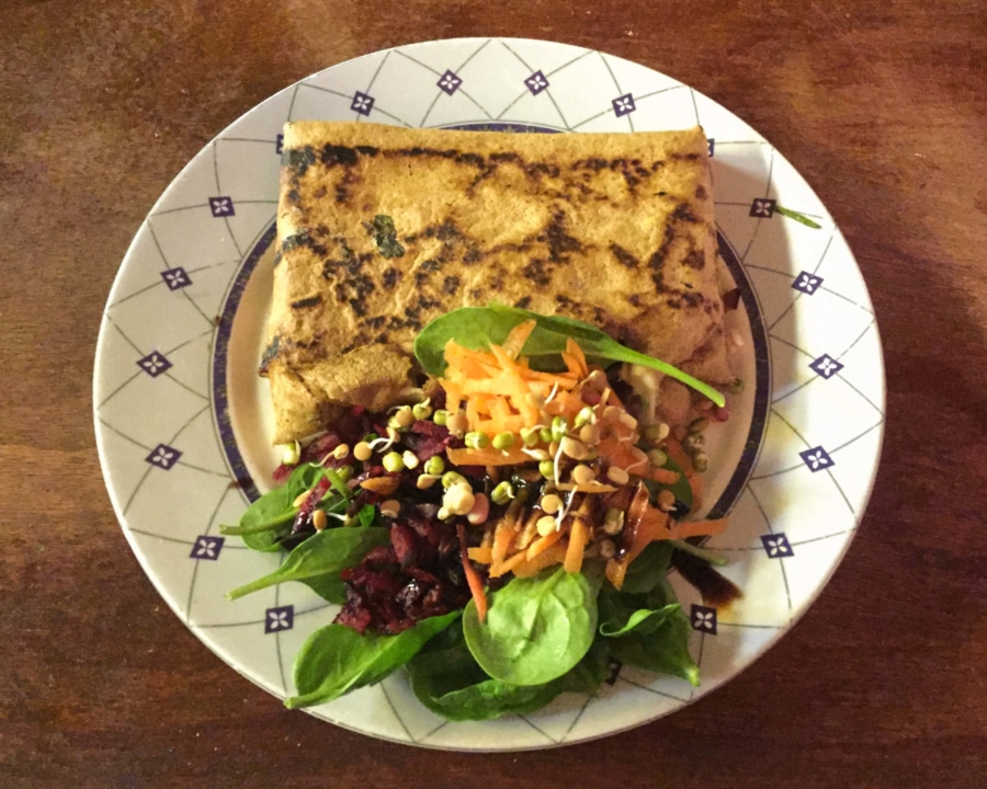 Jerk tofu galette with side salad.