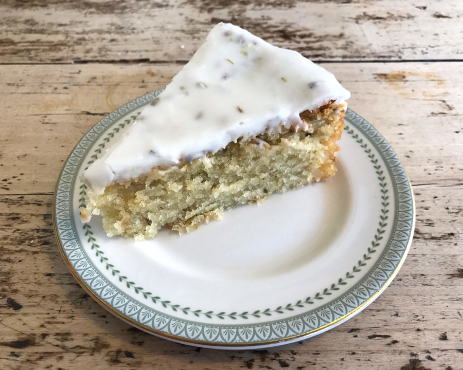 Piece of lime and lavender cake.