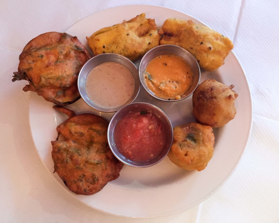 Fried snacks with dips.