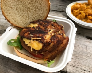 Seitan burger with side of mac and cheese.